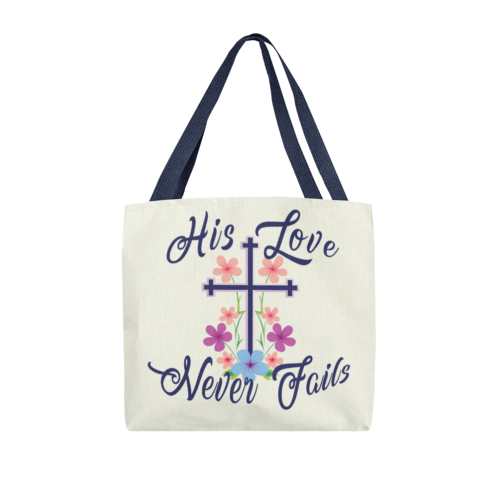 His Love Never Fails – Premium Canvas Tote Bag – Gift for Her