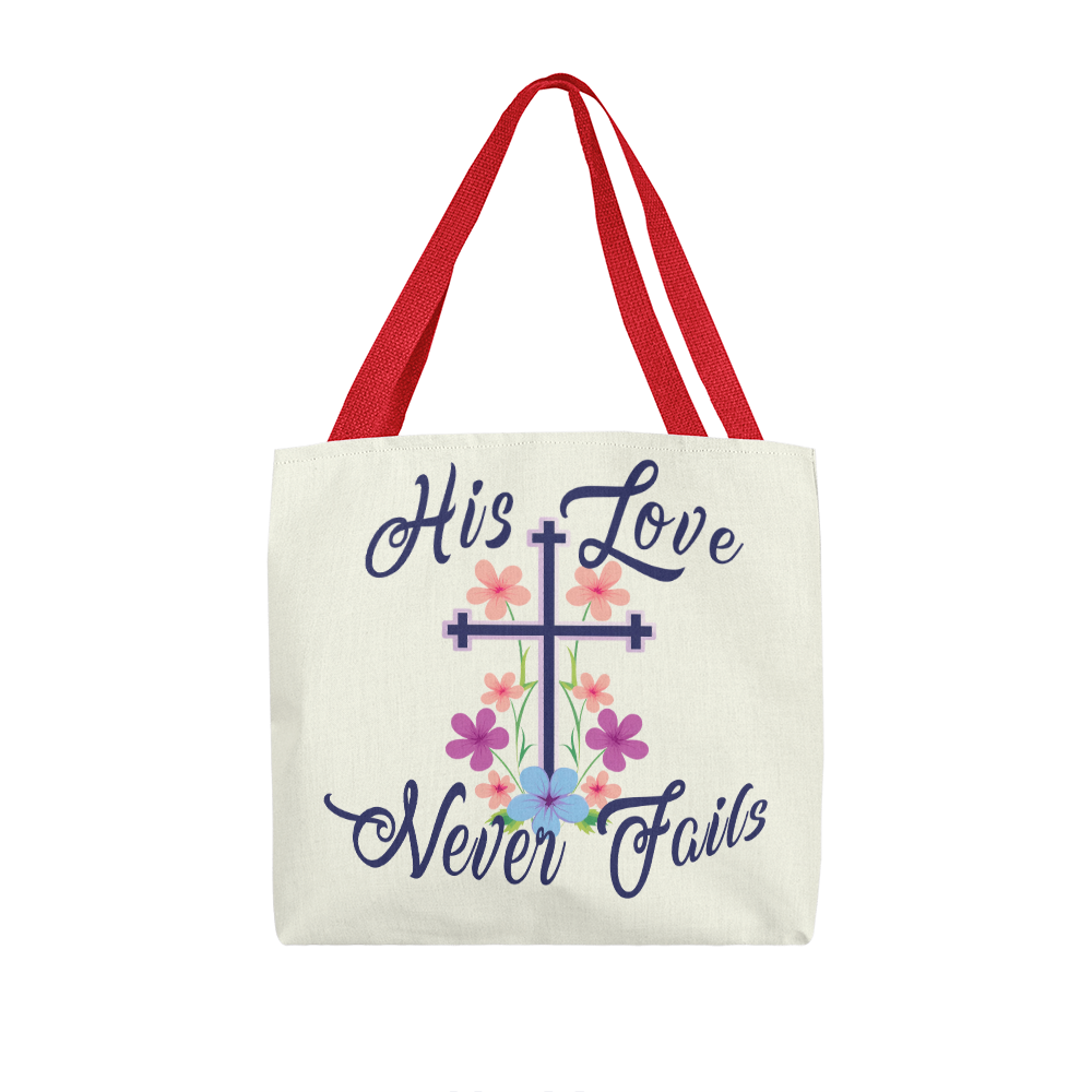 His Love Never Fails – Premium Canvas Tote Bag – Gift for Her