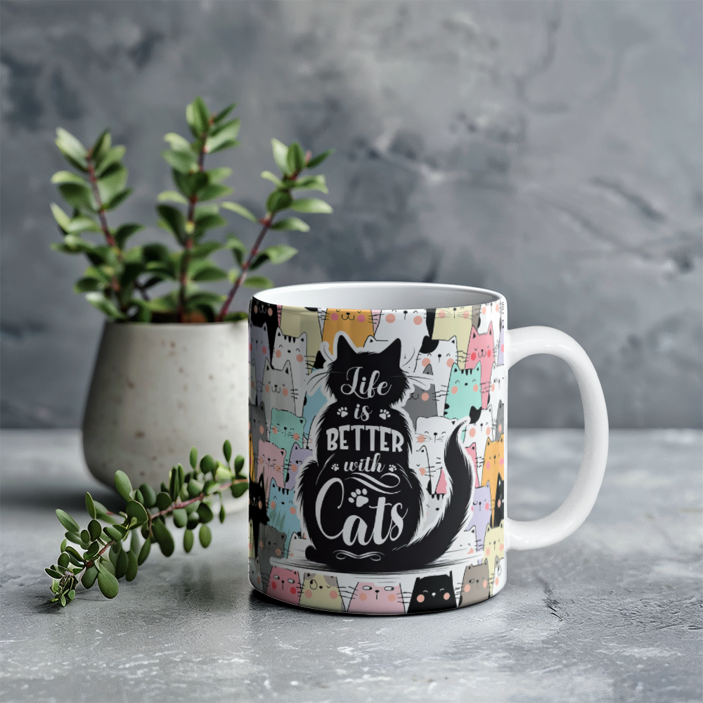 Life Is Better With Cats - White Ceramic Mug - Gift for Her - Gift for Him