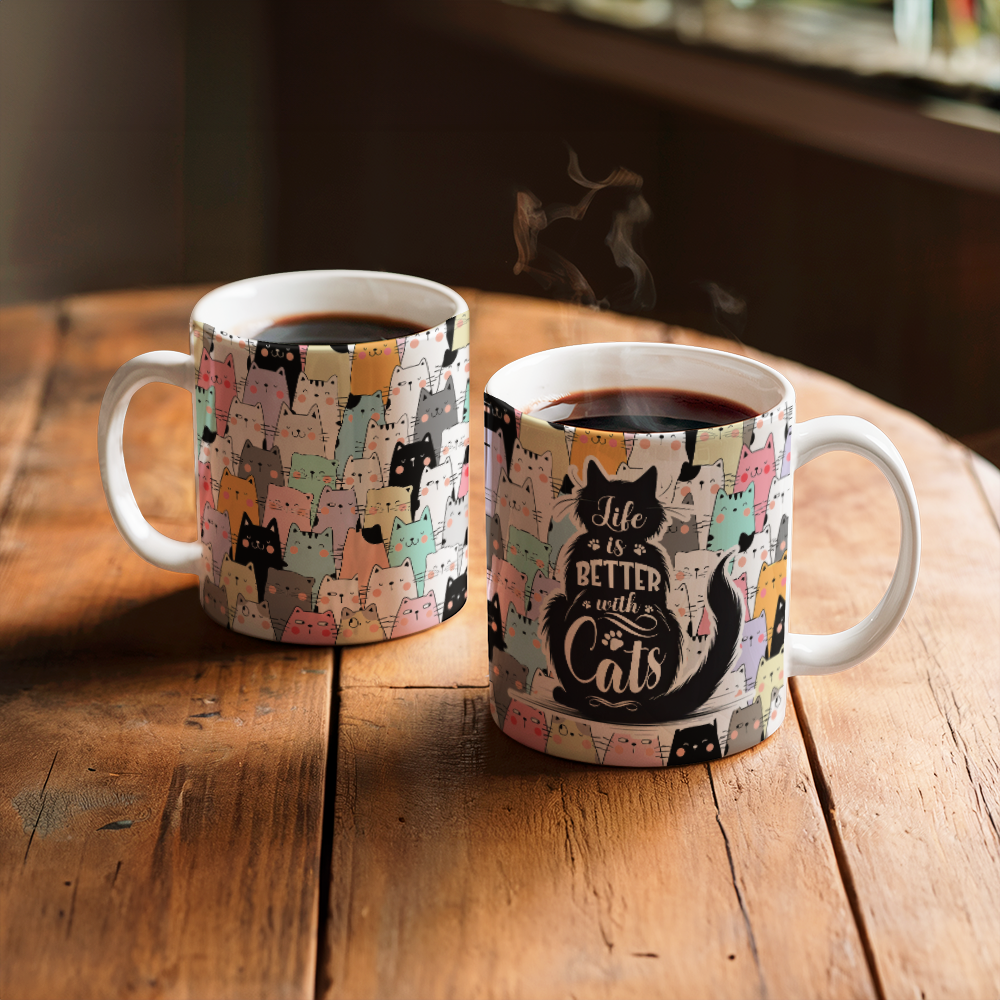 Life Is Better With Cats - White Ceramic Mug - Gift for Her - Gift for Him