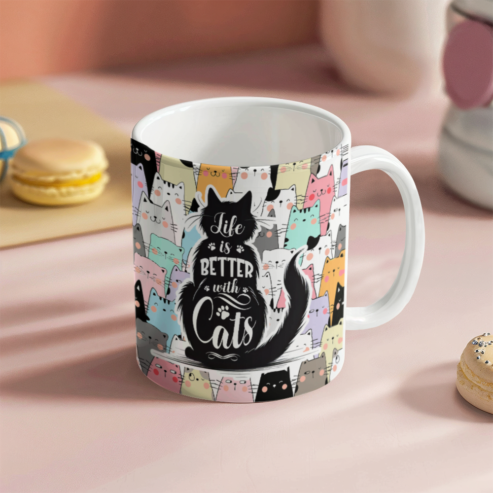 Life Is Better With Cats - White Ceramic Mug - Gift for Her - Gift for Him