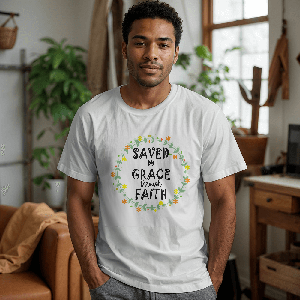 Saved By Grace Through Faith - Bella + Canvas 3001 Unisex T-shirt Front Print - Gift for Her - Gift for Him