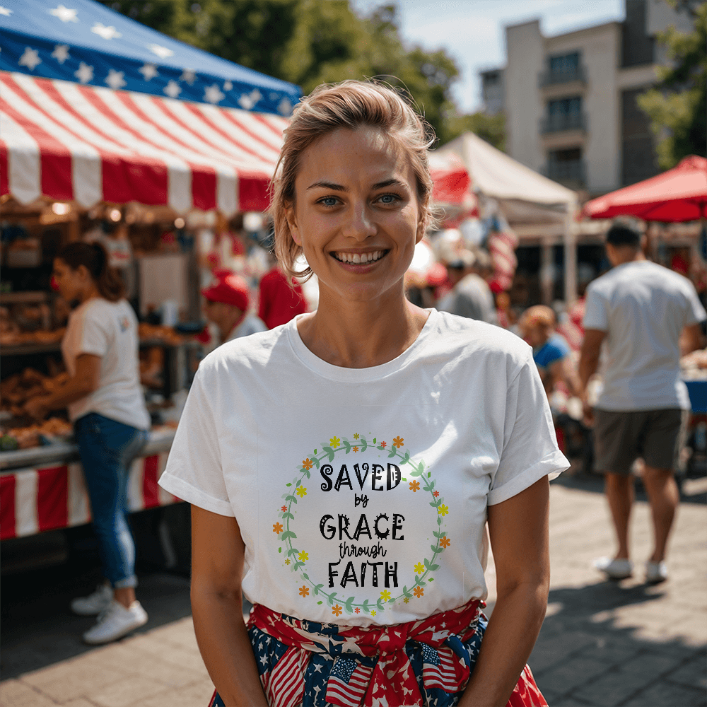 Saved By Grace Through Faith - Bella + Canvas 3001 Unisex T-shirt Front Print - Gift for Her - Gift for Him