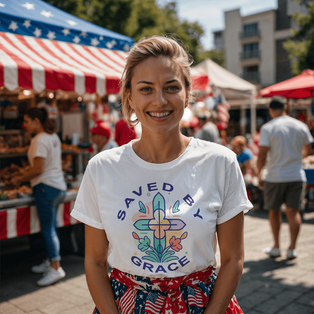 Saved By Grace - Bella + Canvas 3001 Unisex T-shirt Front Print - Gift for Her