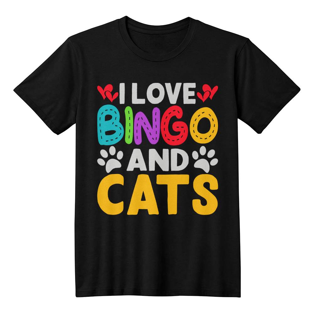 I Love Bingo And Cats (BLACK) - Bella + Canvas 3001 Unisex T-Shirt Front Print - Gift for Her