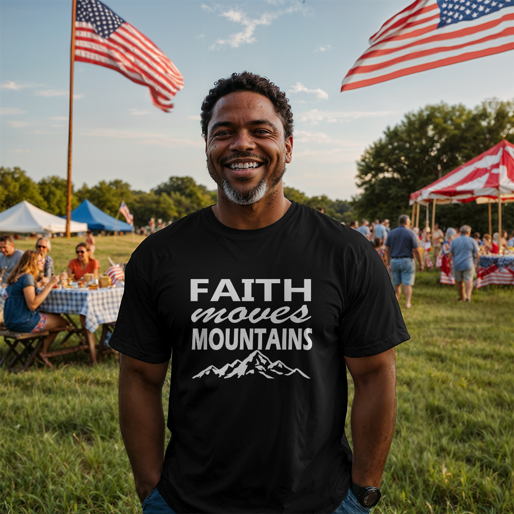 Faith Moves Mountains (White) - Bella + Canvas 3001 Unisex T-shirt Front Print - Gift for Her - Gift for Him