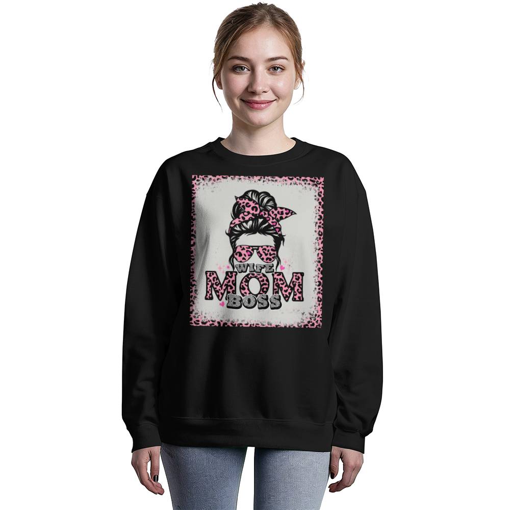 Wife, Mom, Boss - Bella + Canvas 3945 Unisex Crewneck Sweatshirt Front Print - Gift for Mom