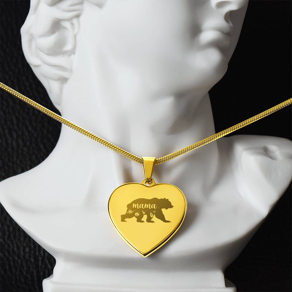 Mama Bear - Engraved Heart Necklace - Gift for Mom