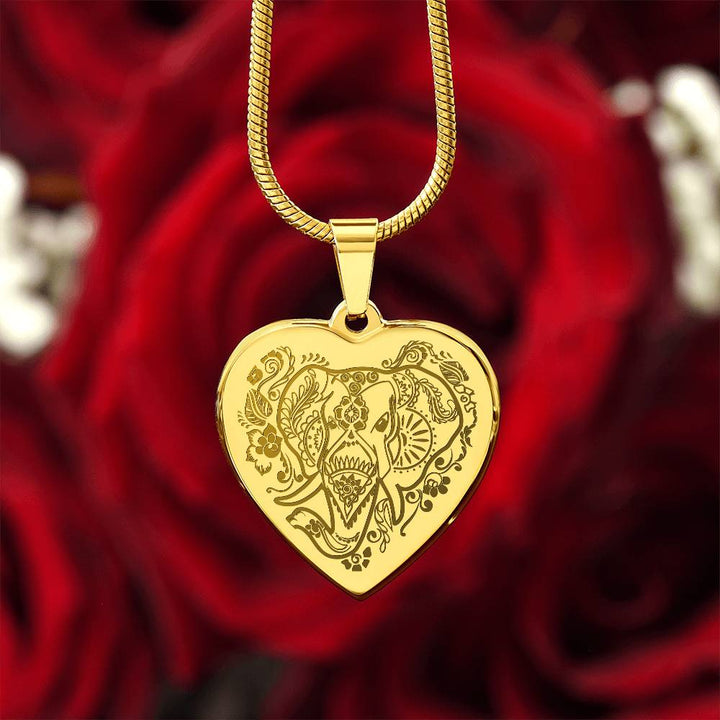 Elephant Head – Engraved Heart Necklace – Gift for Her