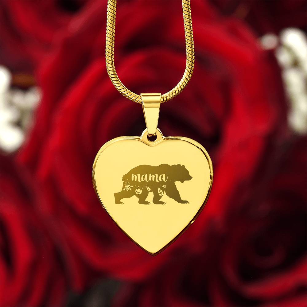 Mama Bear - Engraved Heart Necklace - Gift for Mom