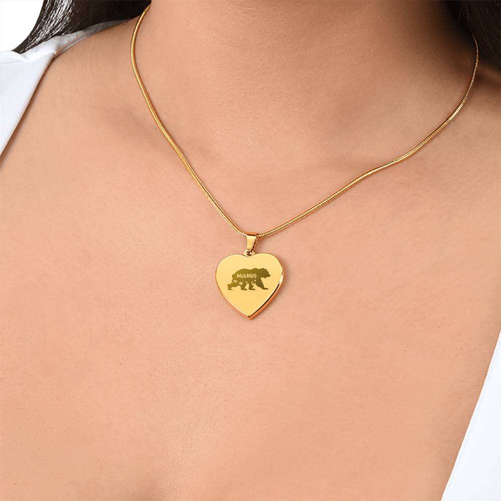 Mama Bear - Engraved Heart Necklace - Gift for Mom