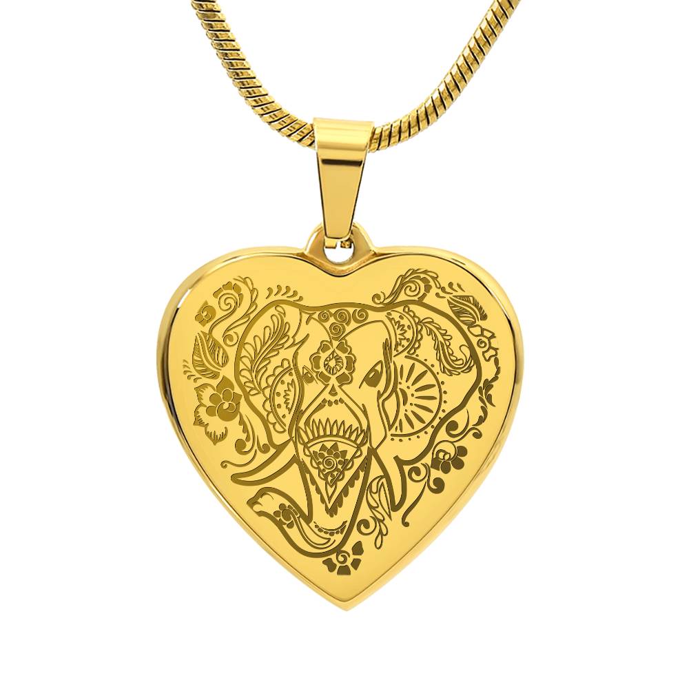 Elephant Head - Engraved Heart Necklace - Gift for Her