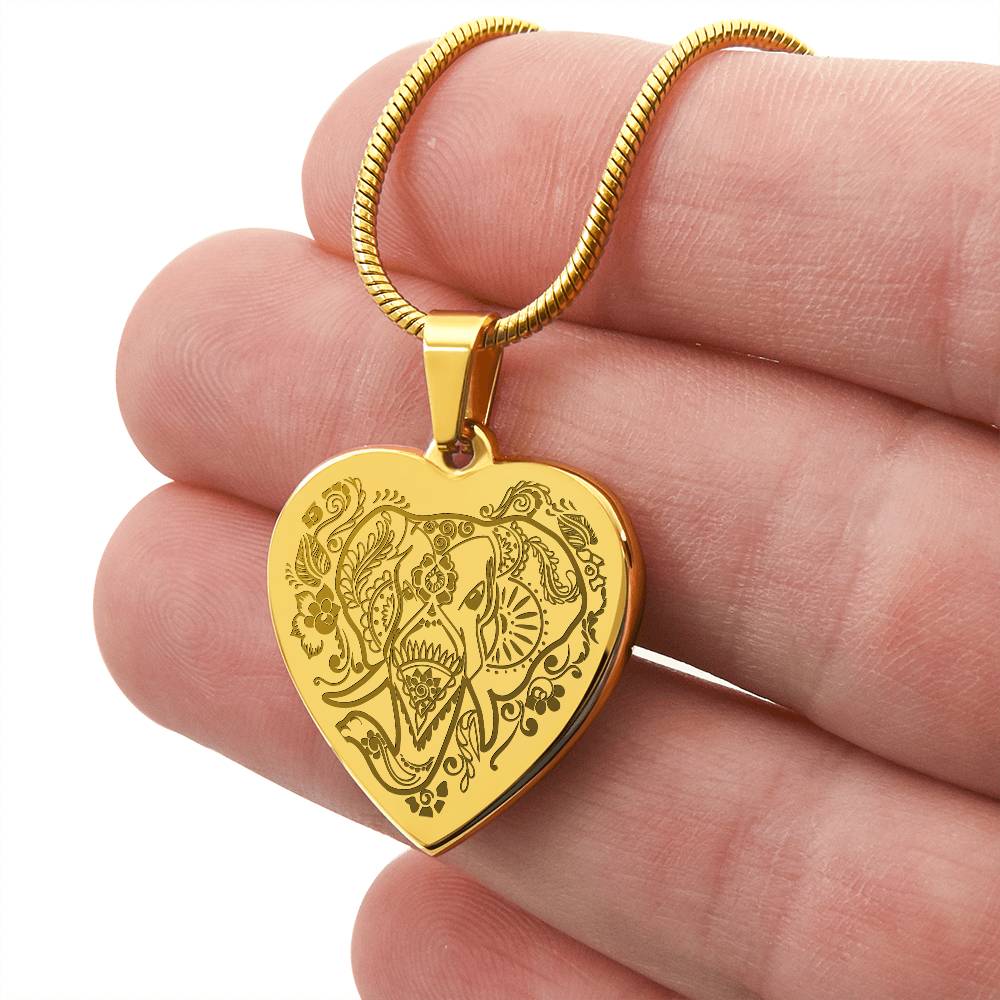 Elephant Head - Engraved Heart Necklace - Gift for Her