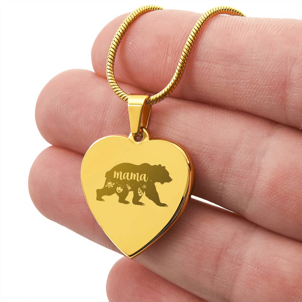 Mama Bear - Engraved Heart Necklace - Gift for Mom