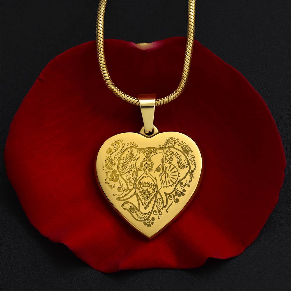 Elephant Head - Engraved Heart Necklace - Gift for Her