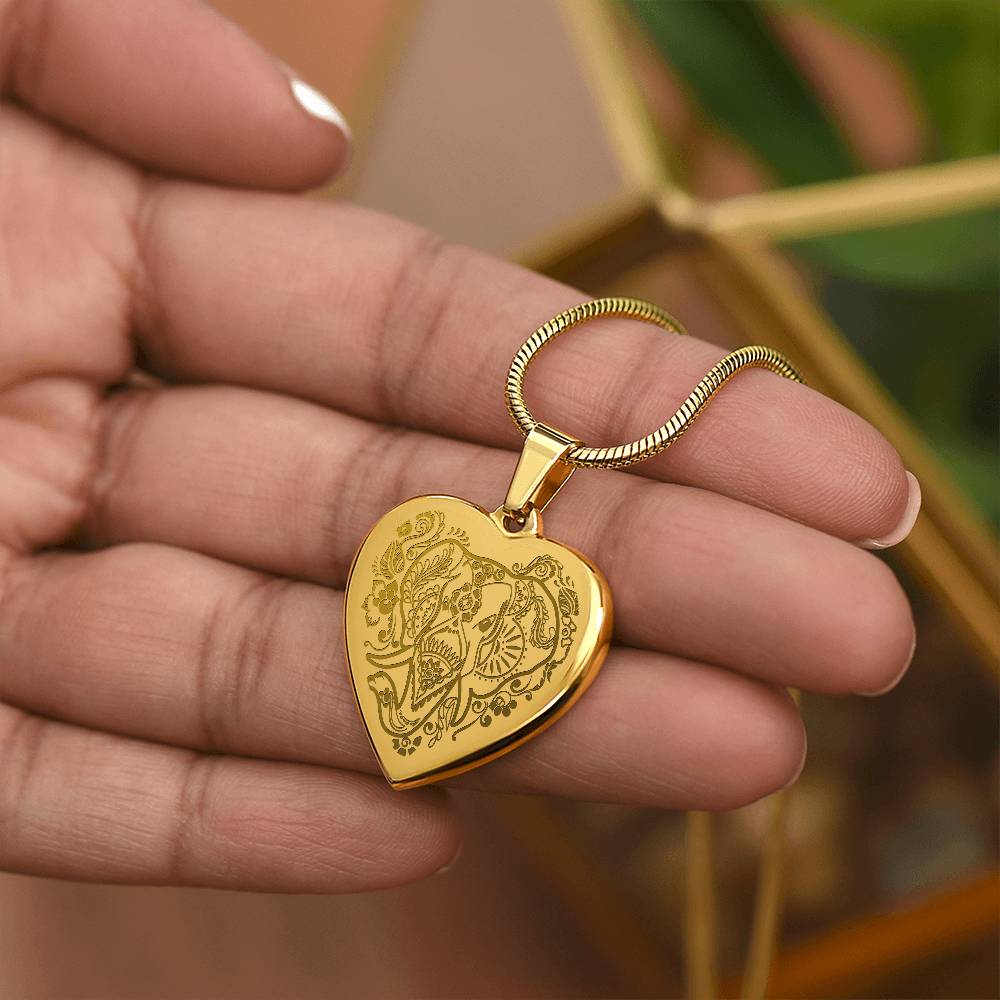 Elephant Head - Engraved Heart Necklace - Gift for Her