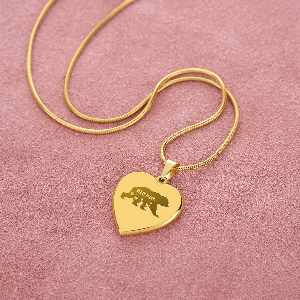 Mama Bear - Engraved Heart Necklace - Gift for Mom