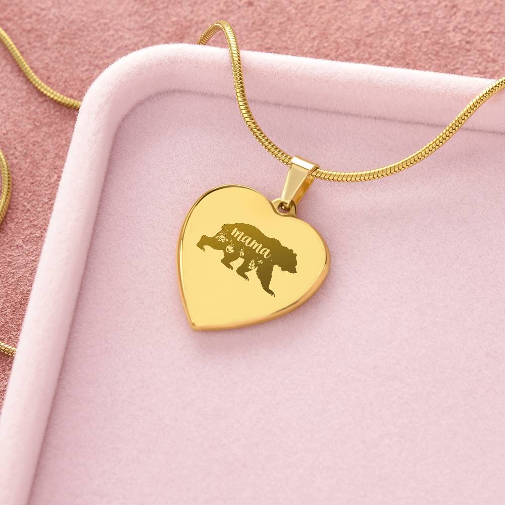 Mama Bear - Engraved Heart Necklace - Gift for Mom