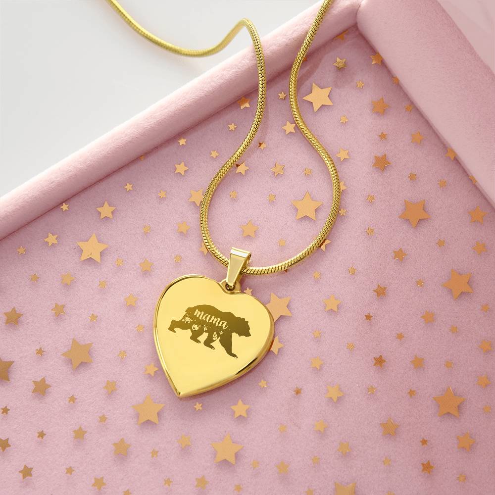 Mama Bear - Engraved Heart Necklace - Gift for Mom