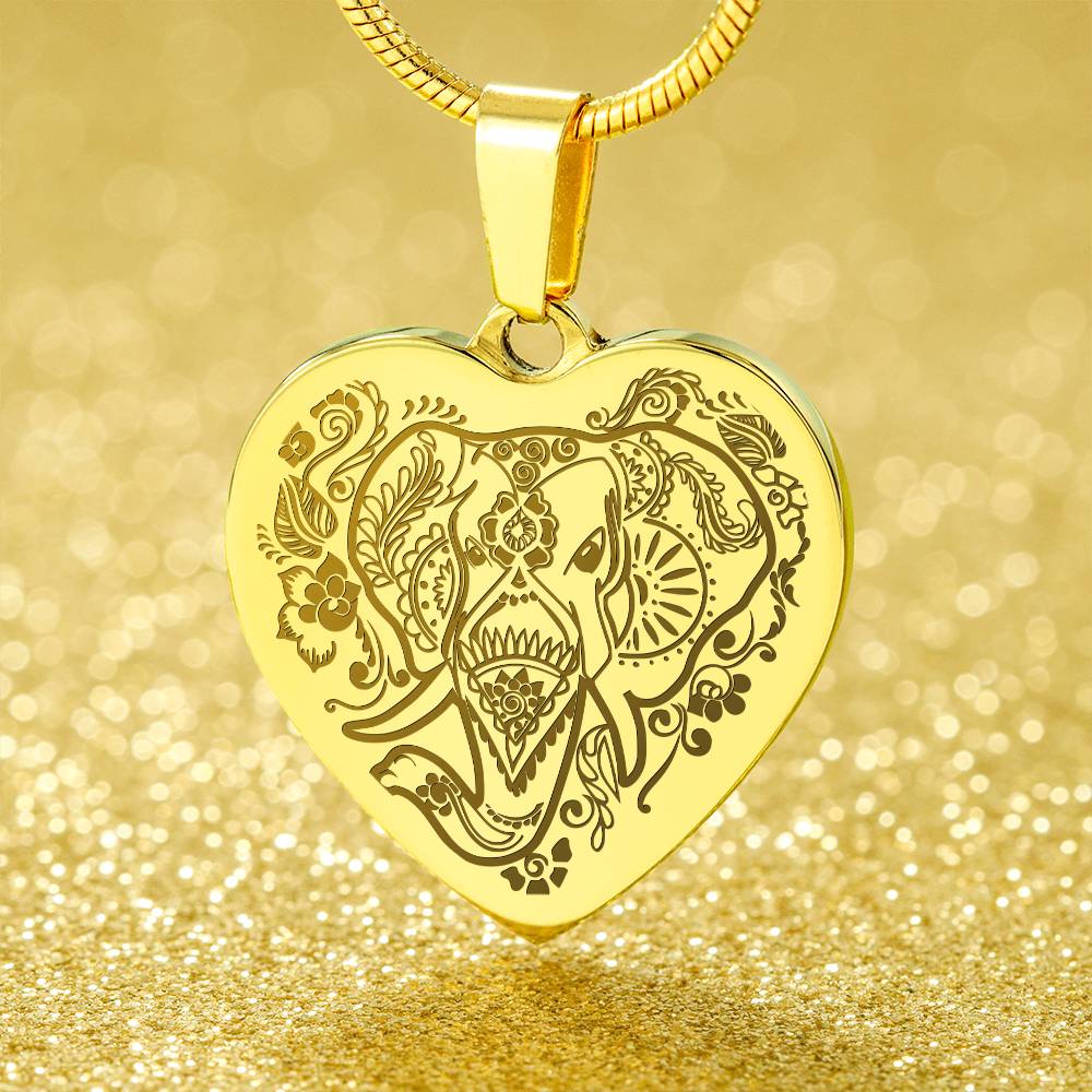 Elephant Head - Engraved Heart Necklace - Gift for Her