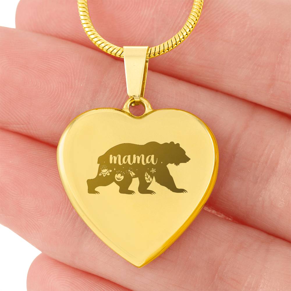 Mama Bear - Engraved Heart Necklace - Gift for Mom