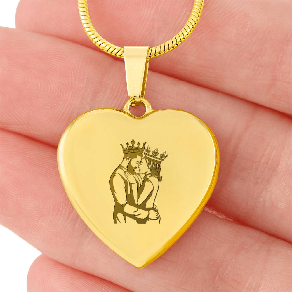 Couple King Queen – Engraved Heart Necklace – Gift for Her - Gift for Him