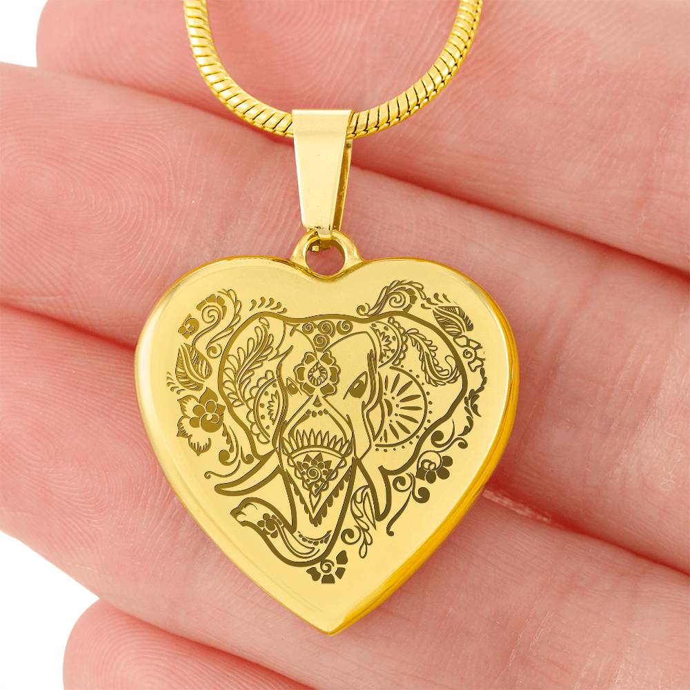 Elephant Head - Engraved Heart Necklace - Gift for Her