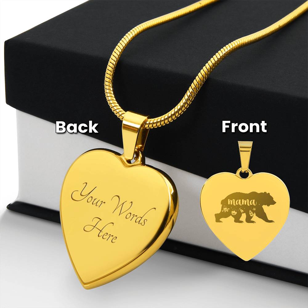 Mama Bear - Engraved Heart Necklace - Gift for Mom