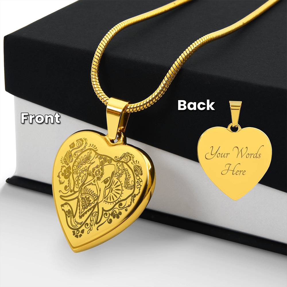 Elephant Head - Engraved Heart Necklace - Gift for Her