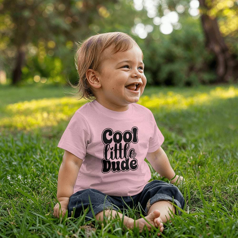 Cool Little Dude (WHITE & PINK) - Bella + Canvas 3001B Baby Jersey Tee Front Print Design - Gift for Son - Gift for Daughter