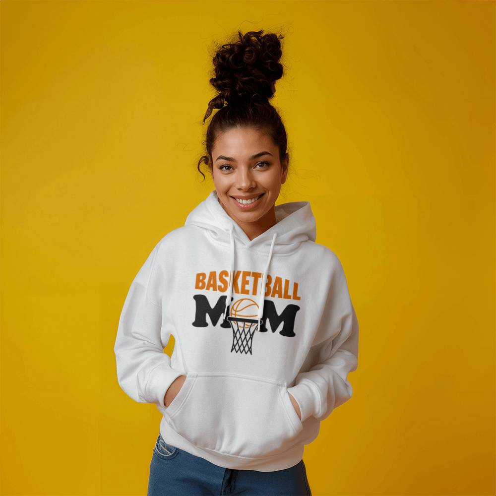 Basketball Mom (WHITE) - Gildan 18500 Unisex Hooded Sweatshirt Front Print Design - Gift for Mom