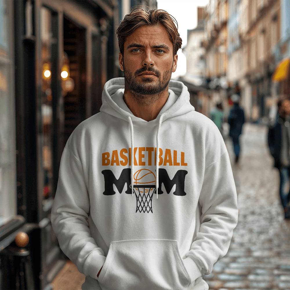 Basketball Mom (WHITE) - Gildan 18500 Unisex Hooded Sweatshirt Front Print Design - Gift for Mom