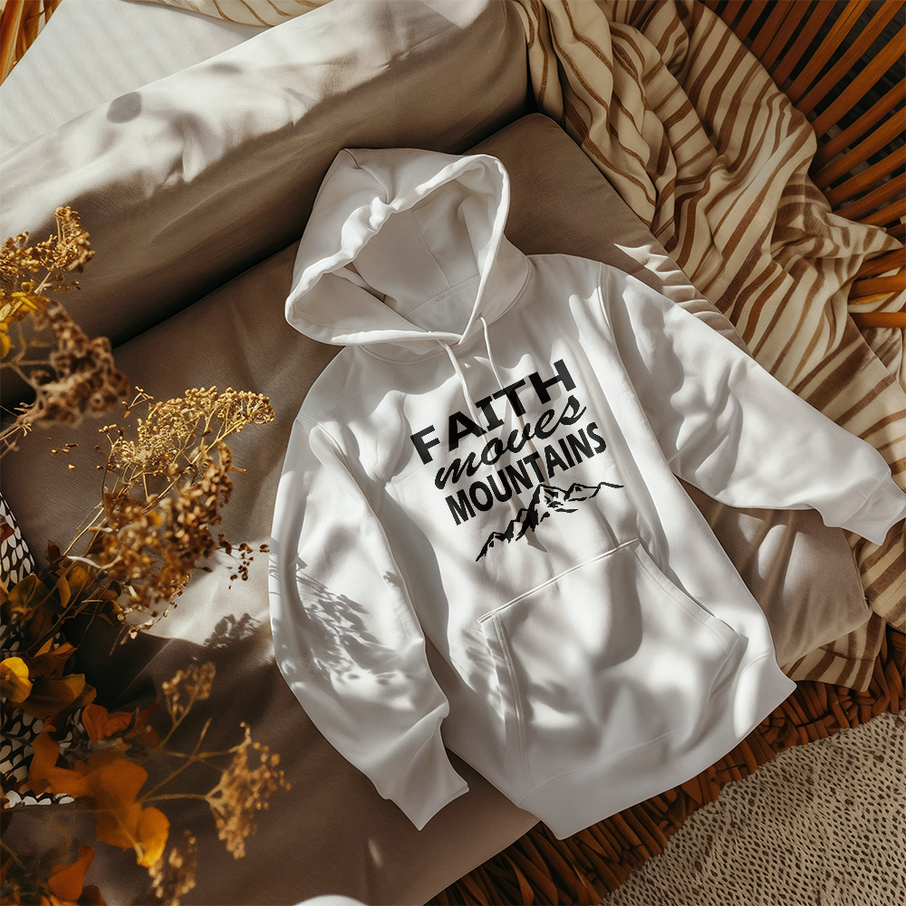 Faith Moves Mountains (Black) - Gildan 18500 Unisex Hooded Sweatshirt Front Print - Gift for Her - Gift for Him