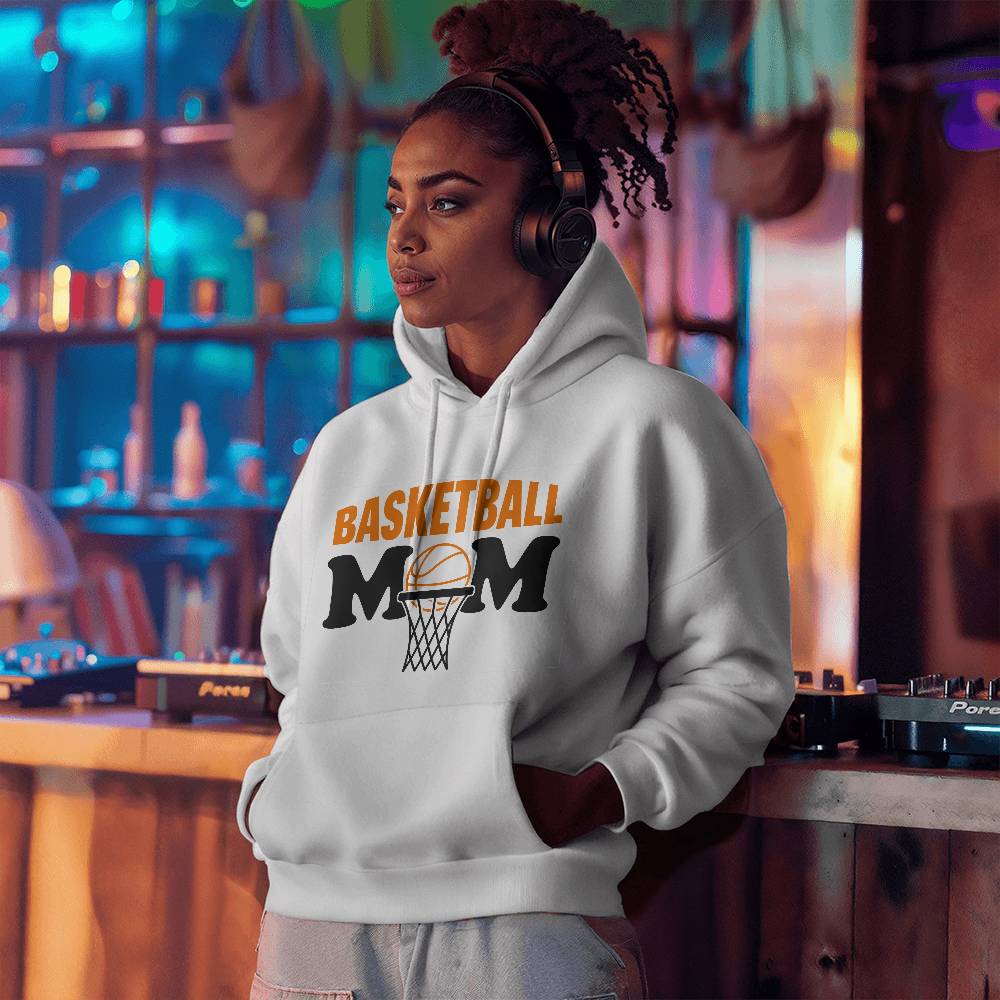 Basketball Mom (WHITE) - Gildan 18500 Unisex Hooded Sweatshirt Front Print Design - Gift for Mom