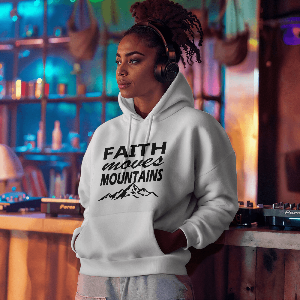 Faith Moves Mountains (Black) - Gildan 18500 Unisex Hooded Sweatshirt Front Print - Gift for Her - Gift for Him