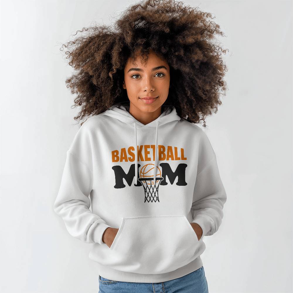 Basketball Mom (WHITE) - Gildan 18500 Unisex Hooded Sweatshirt Front Print Design - Gift for Mom