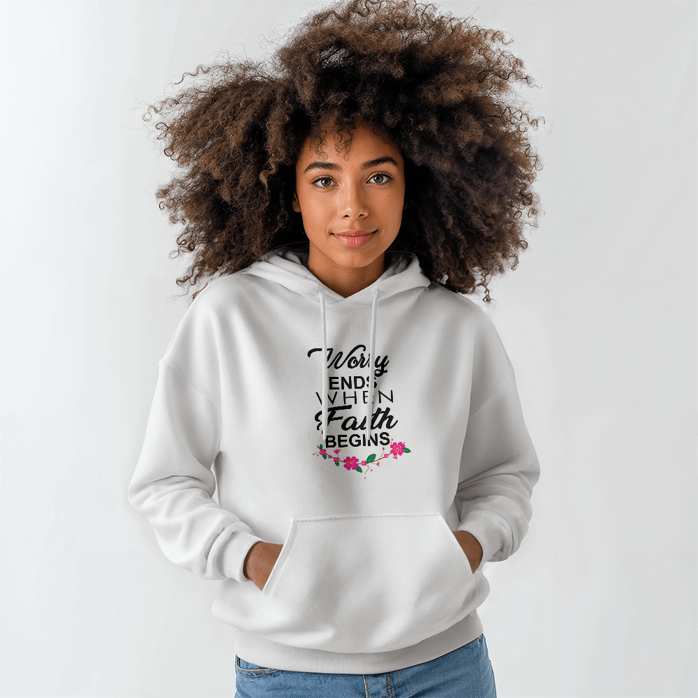 Worry Ends When Faith Begins - Gildan 18500 Unisex Hooded Sweatshirt Front Print - Gift for Her - Gift for Him