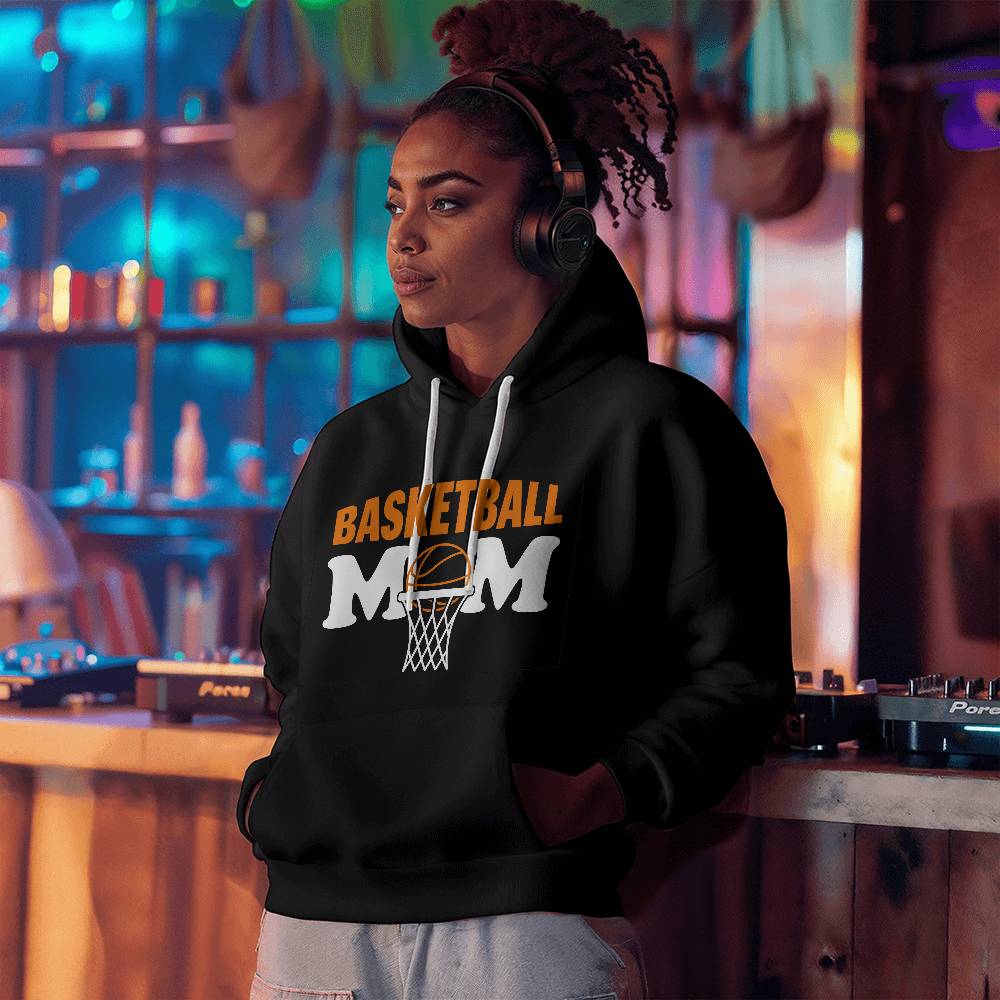 Basketball Mom (BLACK) - Gildan 18500 Unisex Hooded Sweatshirt Front Print Design - Gift for Mom