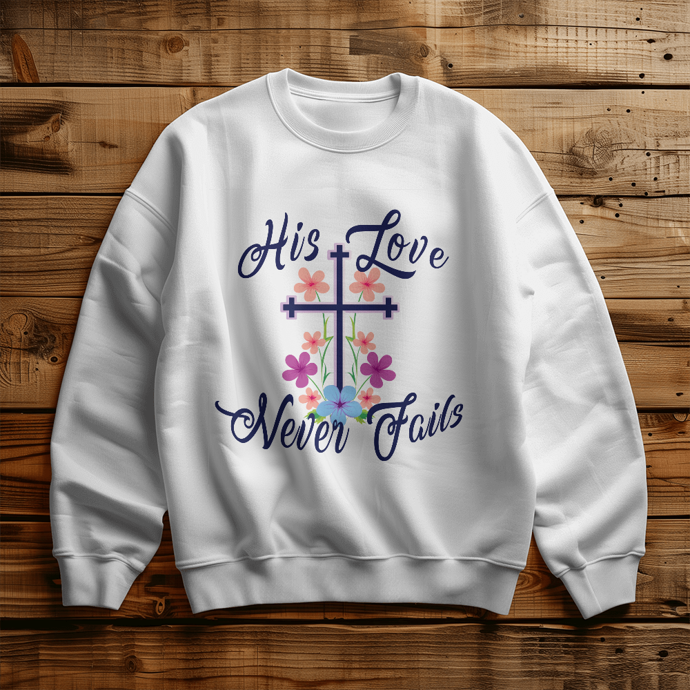 His Love Never Fails - Gildan 18000 Unisex Crewneck Sweatshirt Front Print - Gift for Her