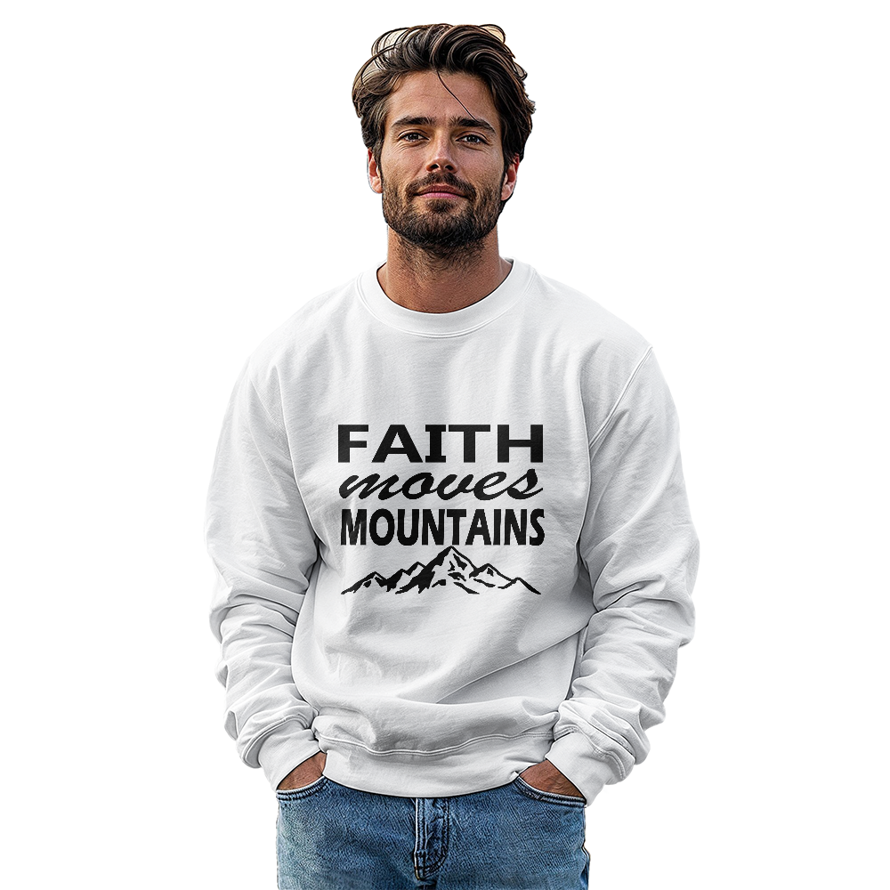 Faith Moves Mountains (Black) - Gildan 18000 Unisex Crewneck Sweatshirt Front Print - Gift for Her - Gift for Him
