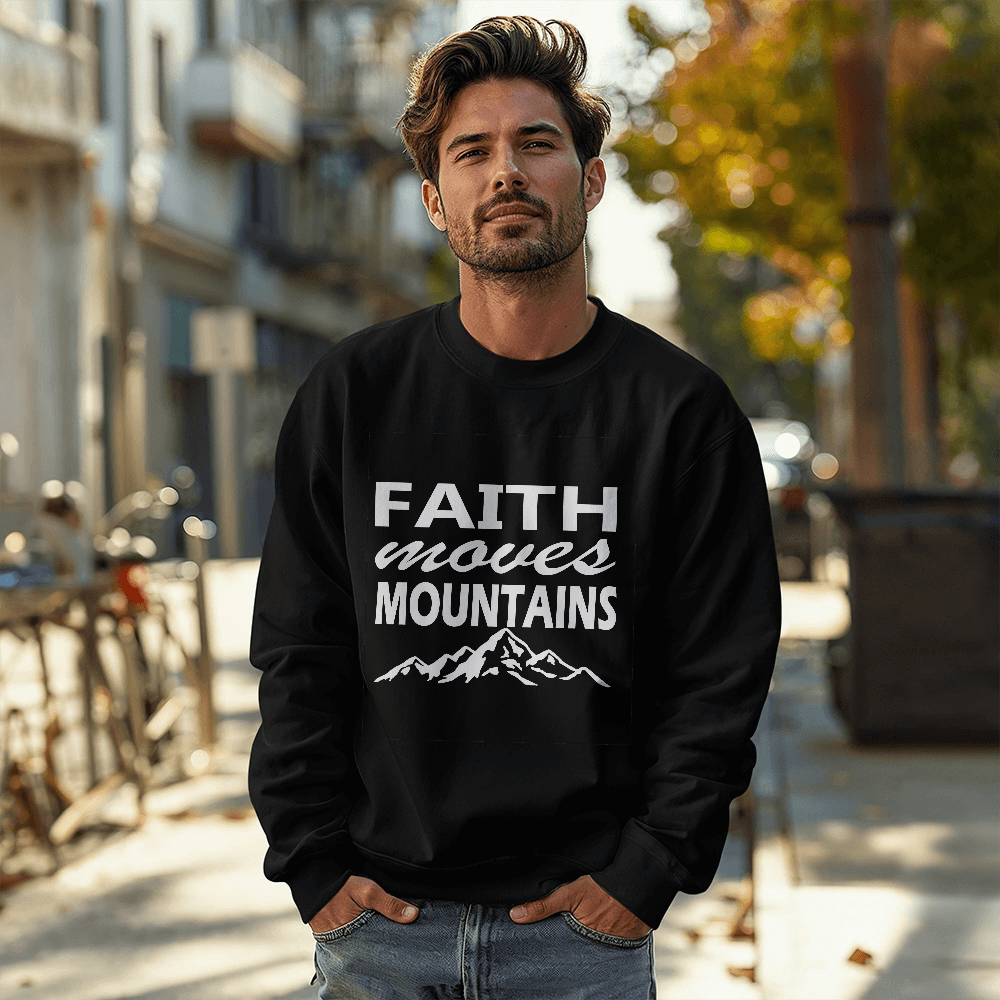 Faith Moves Mountains (White) - Gildan 18000 Unisex Crewneck Sweatshirt Front Print - Gift for Her - Gift for Him