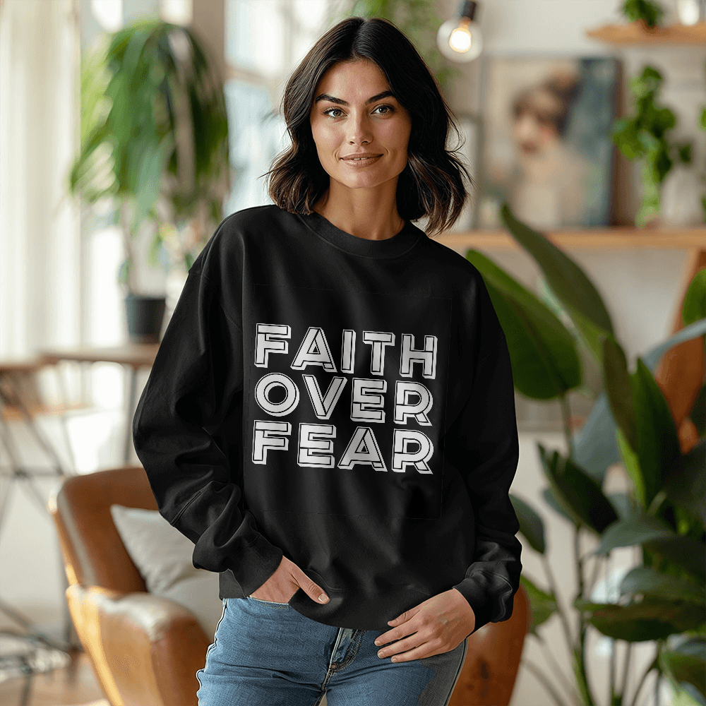 Faith Over Fear (White) - Gildan 18000 Unisex Crewneck Sweatshirt Front Print - Gift for Her - Gift for Him