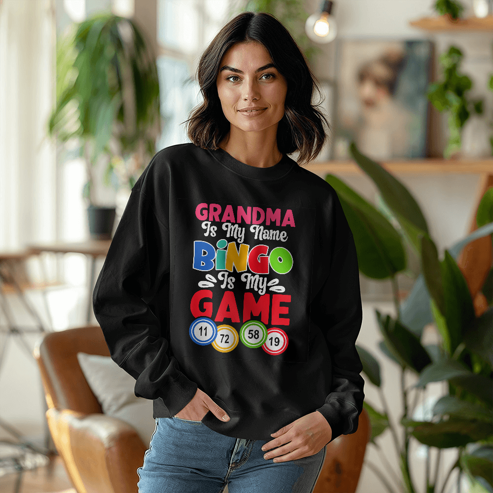 Grandma Is My Name Bingo Is My Game - Gildan 18000 Unisex Crewneck Sweatshirt Front Print - Gift for Grandma