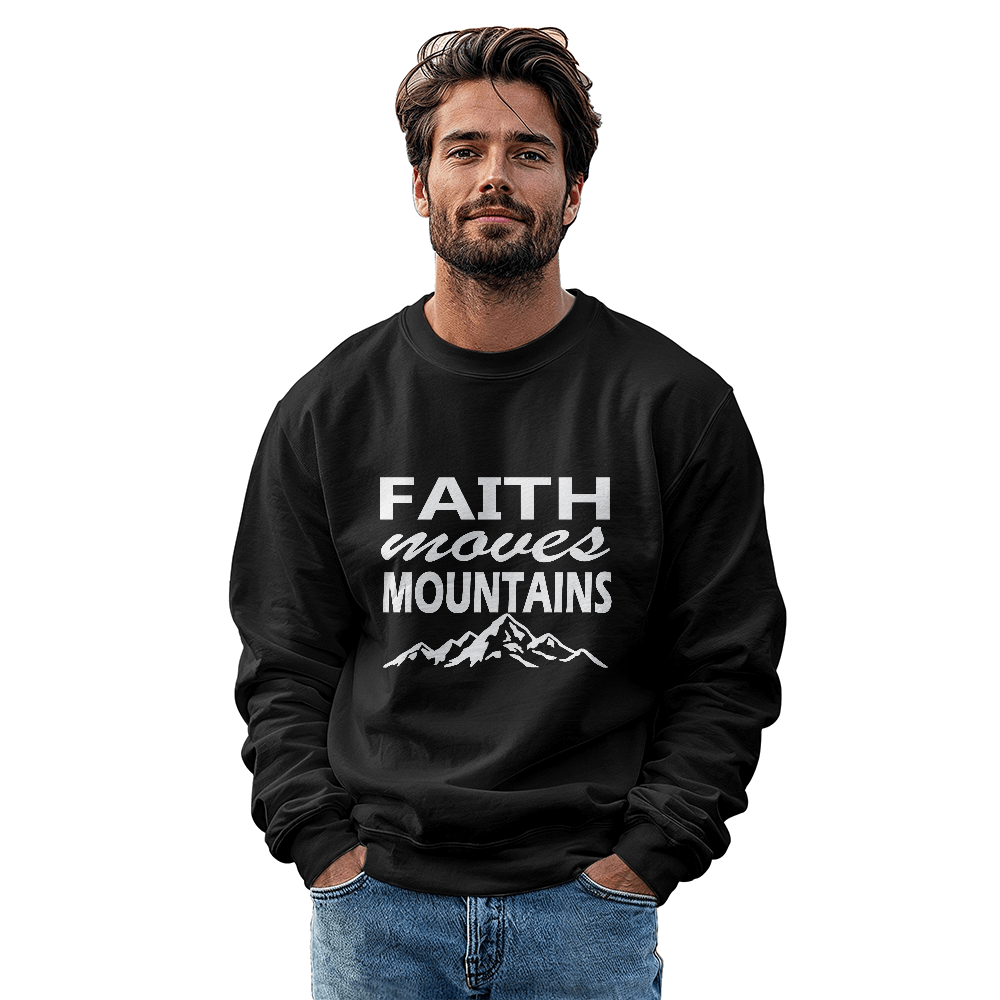 Faith Moves Mountains (White) - Gildan 18000 Unisex Crewneck Sweatshirt Front Print - Gift for Her - Gift for Him