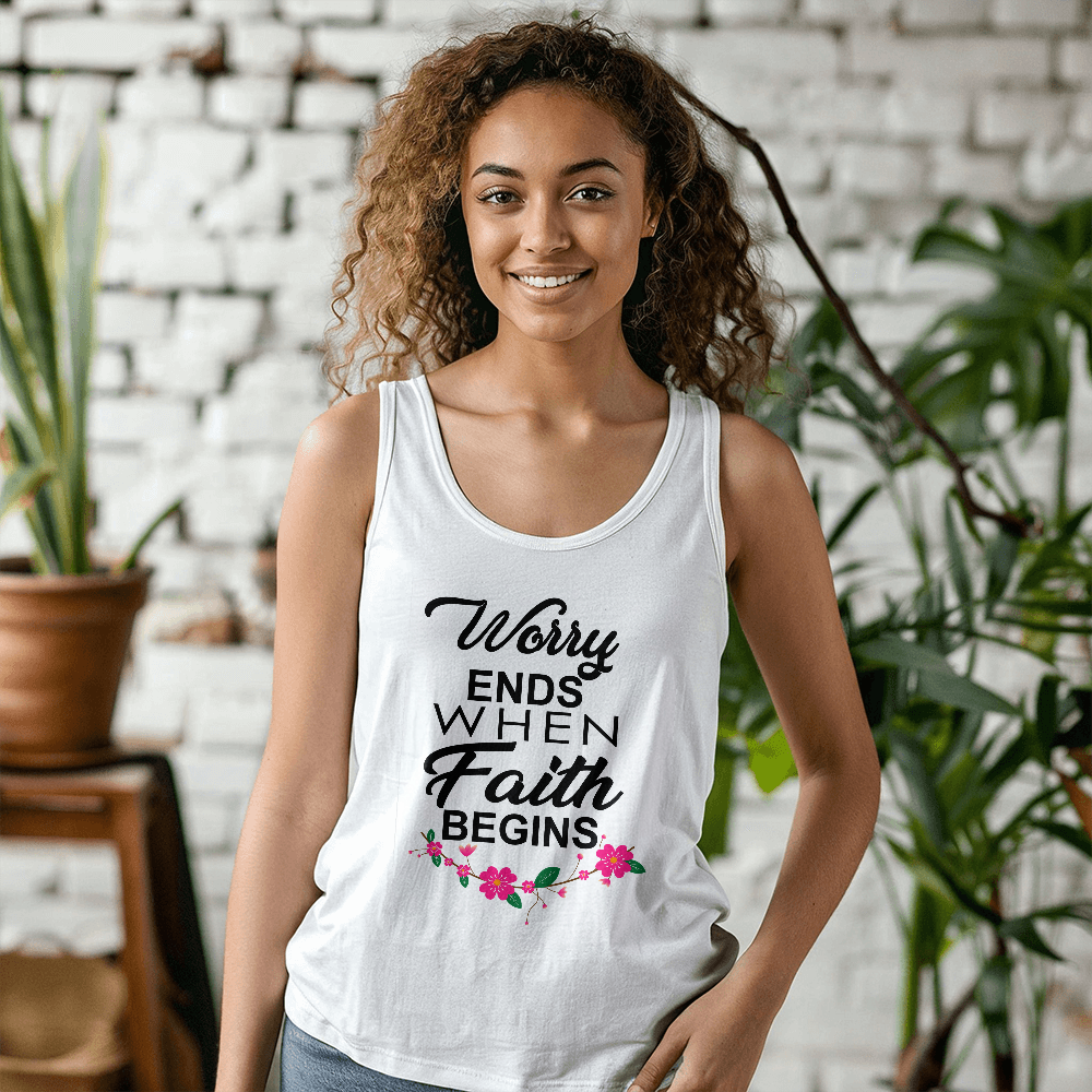 Worry Ends When Faith Begins - 3480 Bella + Canvas Unisex Jersey Tank Front Print - Gift for Her