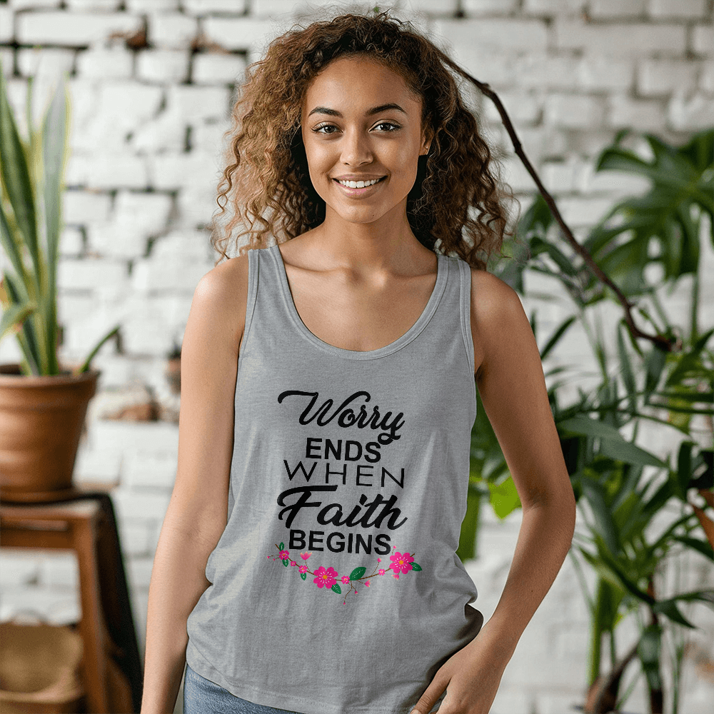 Worry Ends When Faith Begins - 3480 Bella + Canvas Unisex Jersey Tank Front Print - Gift for Her