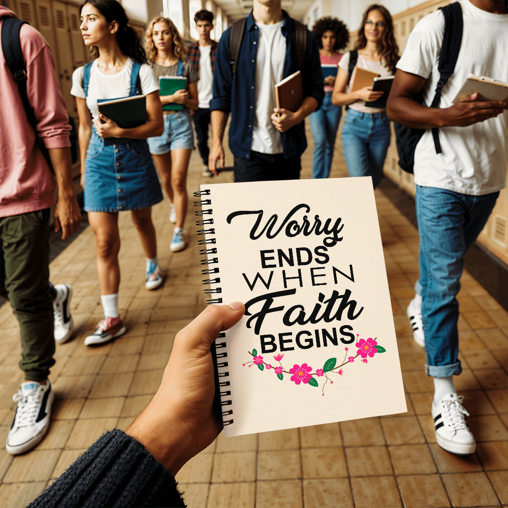 Worry Ends When Faith Begins Spiral Notebook – Gift for Her