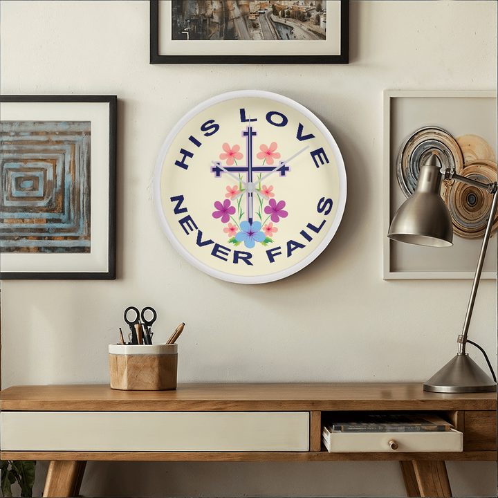 His Love Never Fails Wood Frame 10” Clock – Gift for Her