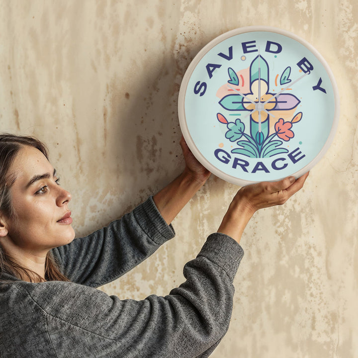 Saved By Grace Wood Frame 10” Clock – Gift for Her
