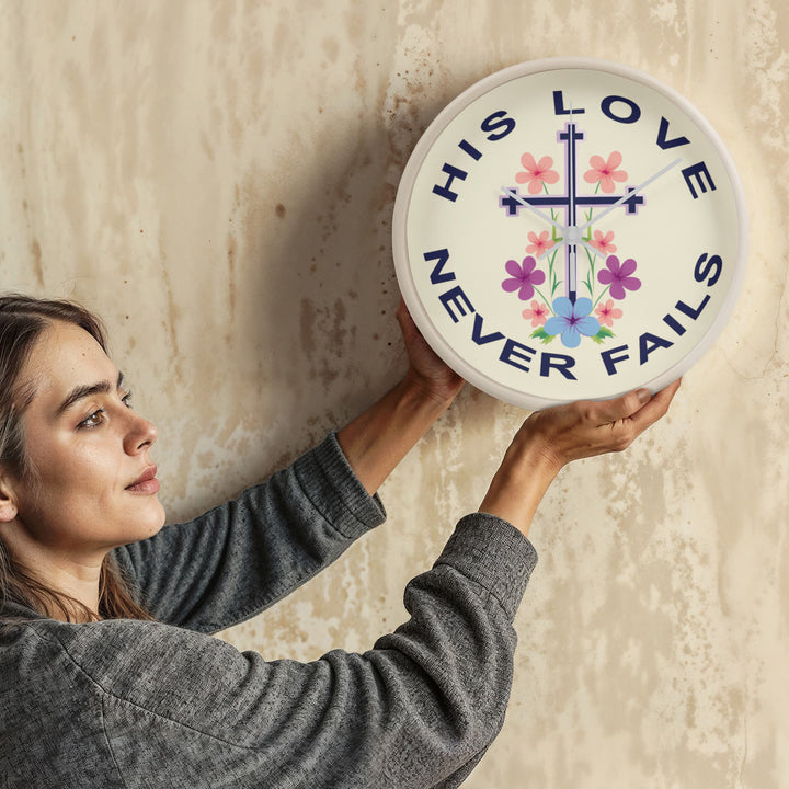 His Love Never Fails Wood Frame 10” Clock – Gift for Her
